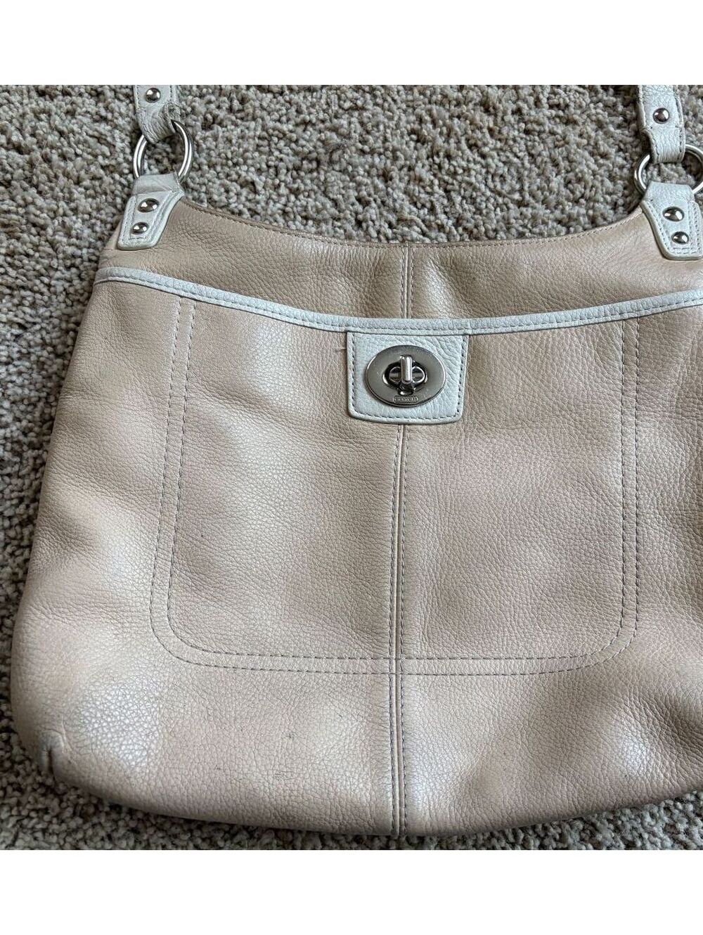 Coach Penelope Beige Leather Turnlock Pocket Zip Closure Crossbody Shoulder Bag